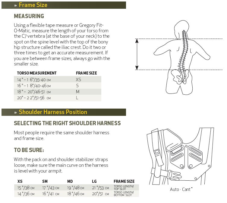 Gregory Pack Sizing Chart